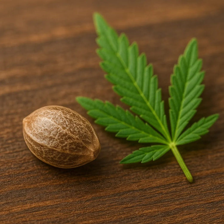 Feminisierter Hanfsamen mit grünem Cannabisblatt auf Holz – Produktbild für THC-Samen Feminisierter Hanfsamen mit grünem Cannabisblatt auf Holz – Produktbild für THC-Samen
