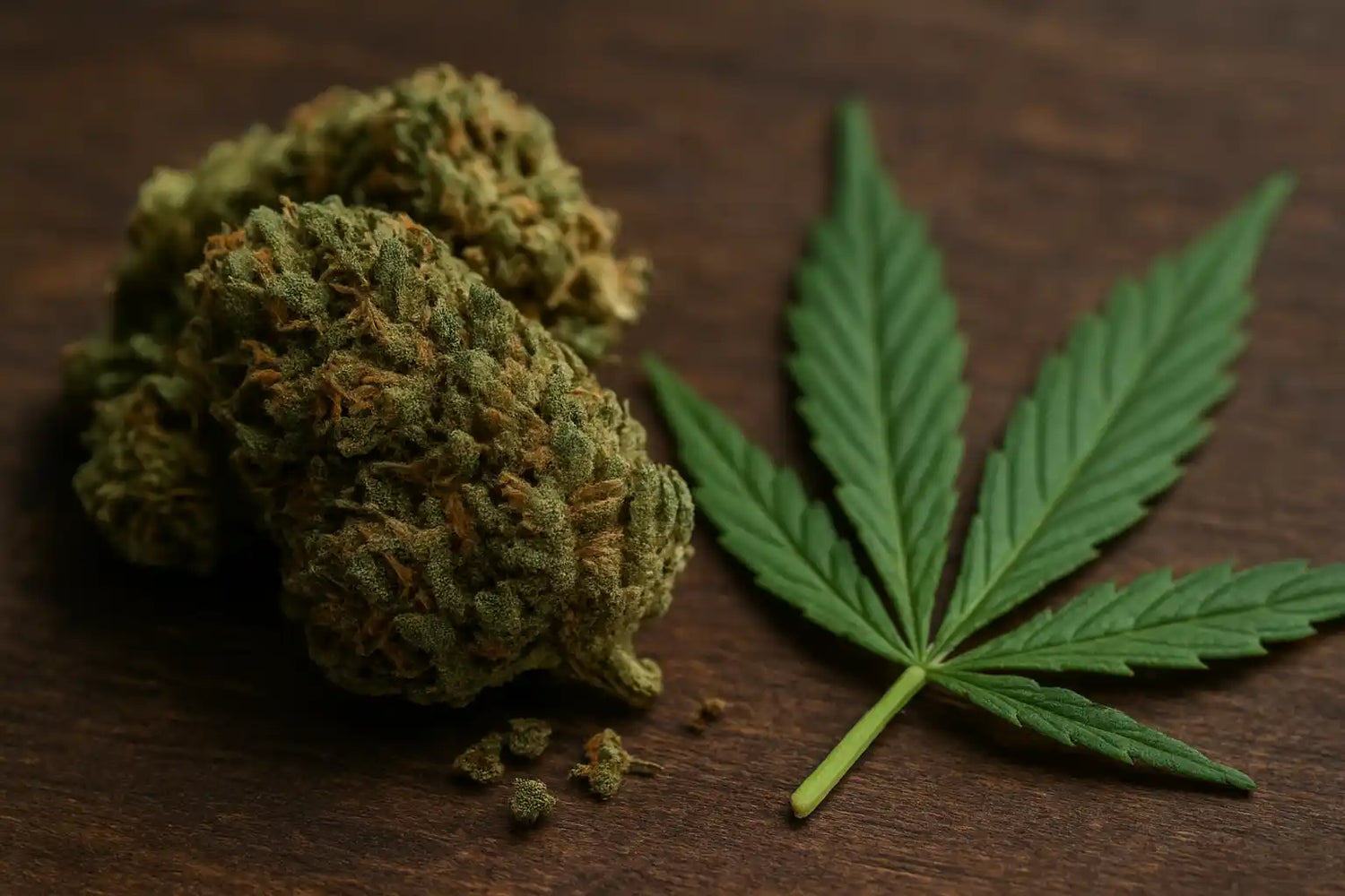 Zwei CBD-Cannabisblüten mit Hanfblatt auf Holzuntergrund in natürlicher Beleuchtung.
