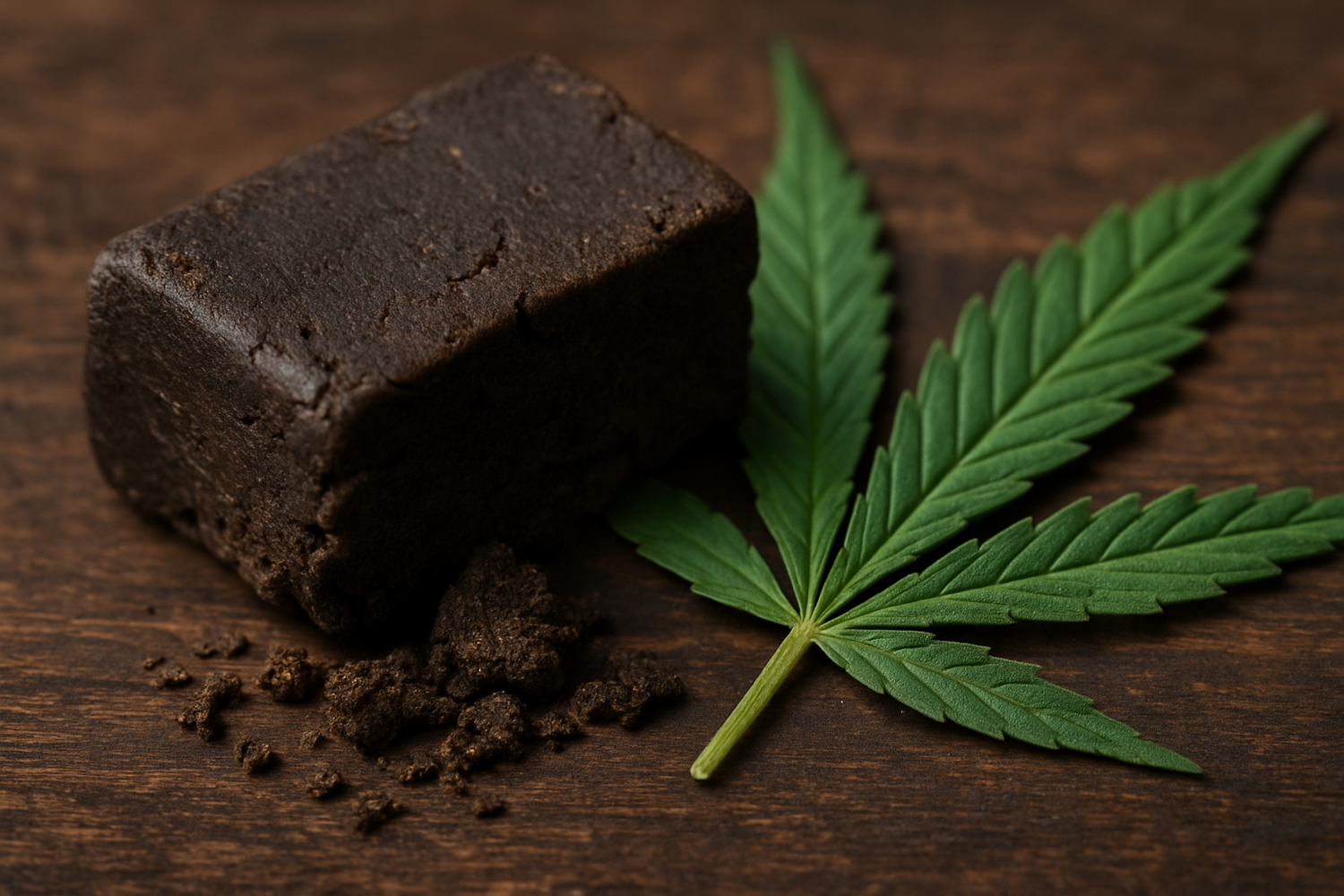 Ein dunkles, strukturreiches Stück CBD-Hasch liegt auf einer Holzoberfläche neben einem frischen Cannabisblatt.
