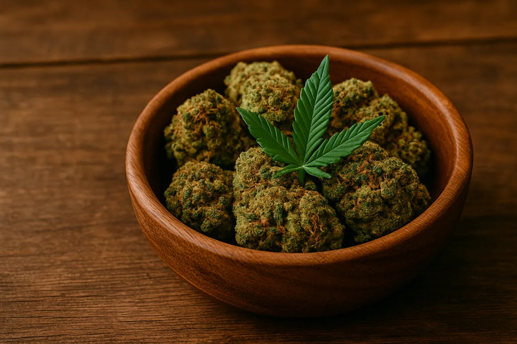 CBD-Blüten in Holzschale mit Cannabisblatt – natürlich & handverlesen bei BUFU