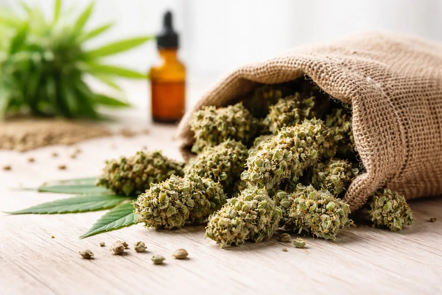 Hochwertige CBD Blüten auf Holzfläche mit Hanfblatt und CBD Öl im Hintergrund