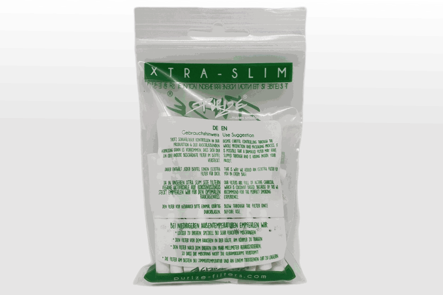 BUFU Hanf & CBD Shop - Rauchzubehör - Purize Aktivkohlefilter 50stk - Produktbild Filterpackung Rückseite