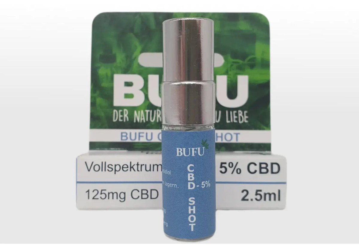 BUFU Hanf & CBD Shop - CBD-Öl - CBD-Öl-Shot - Verpackungsfoto vorne + CBD-Shot